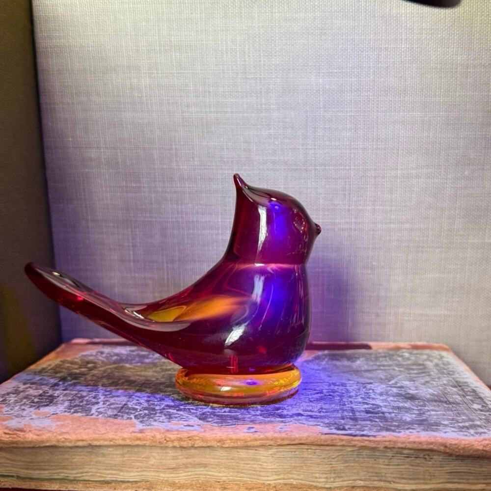 Glass Cardinal Figurine • Cadmium Glow • Red Art Glass Bird • 4.25”